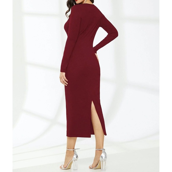Maroon V Neck Long Sleeve Midi Dress - Picture 2 of 5